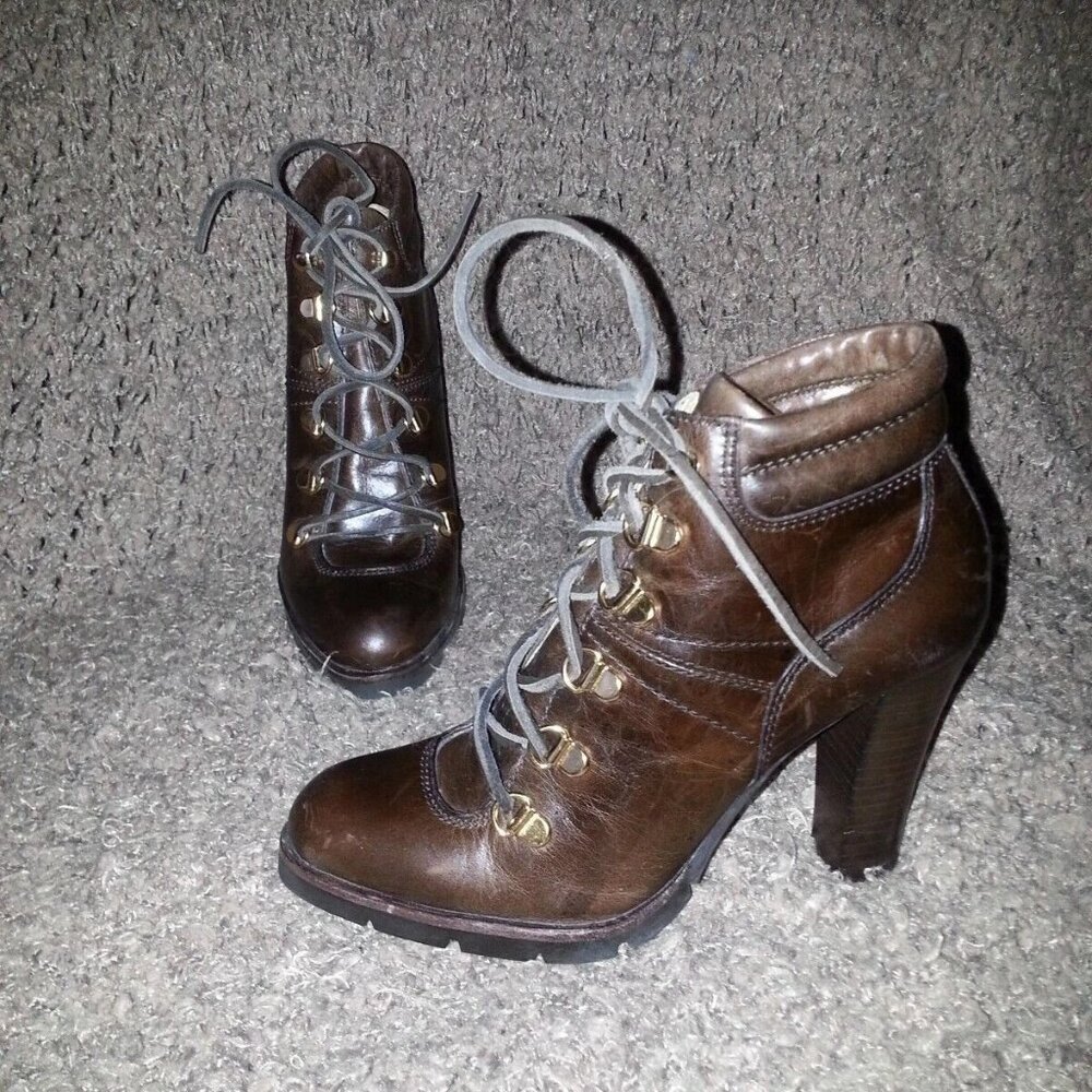 MICHAEL KORS-Winter War Lace Up Ankle Boots-Brown Leather-Sz 5.5M-NEAR MINT
